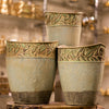 Vintage Leaf-Patterned Planter Set – Distressed Green & Bronze (Set of 3)