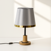 Modern Grey Table Lamp – Gold Trim with Natural Wood Base