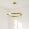 Large Gold Ring Chandelier with Glass Droplets