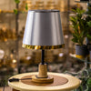 Modern Grey Table Lamp – Gold Trim with Natural Wood Base